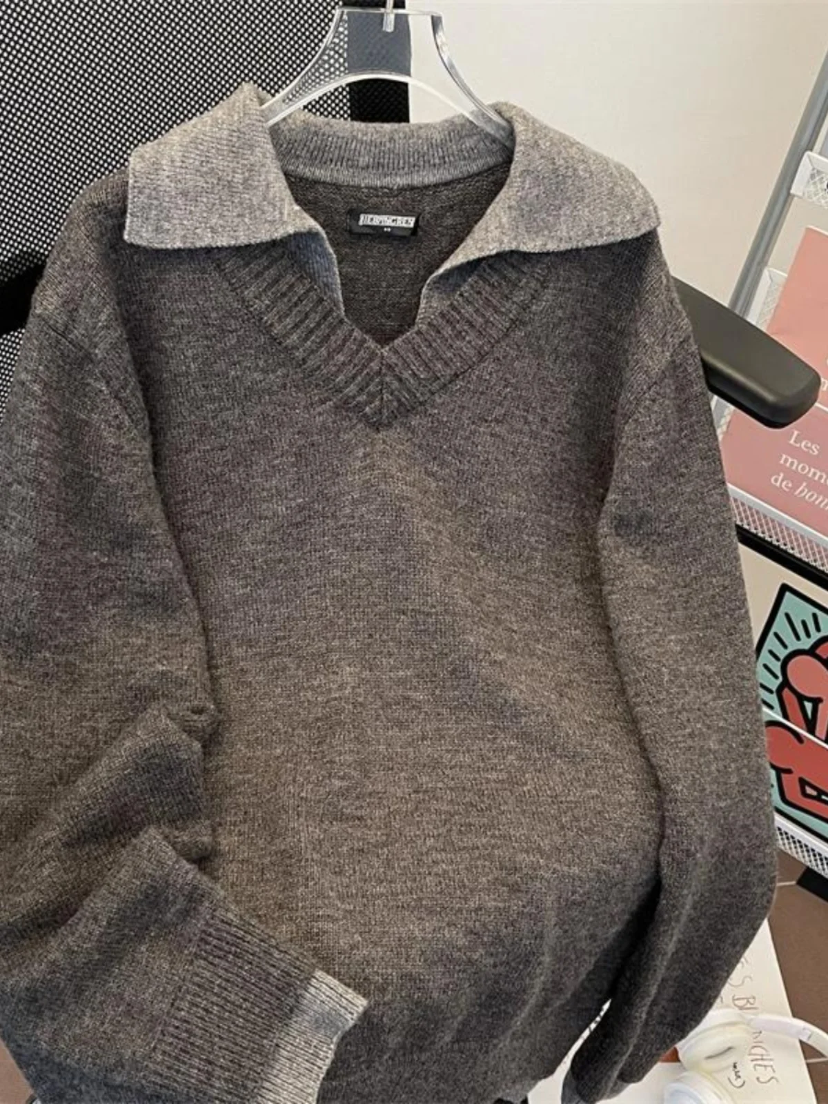 2025 Autumn Winter New American Retro Men's Gray Apricot Fake Two-Piece V-Neck Turn-Down Collar Long Sleeve Casual Knit Sweater
