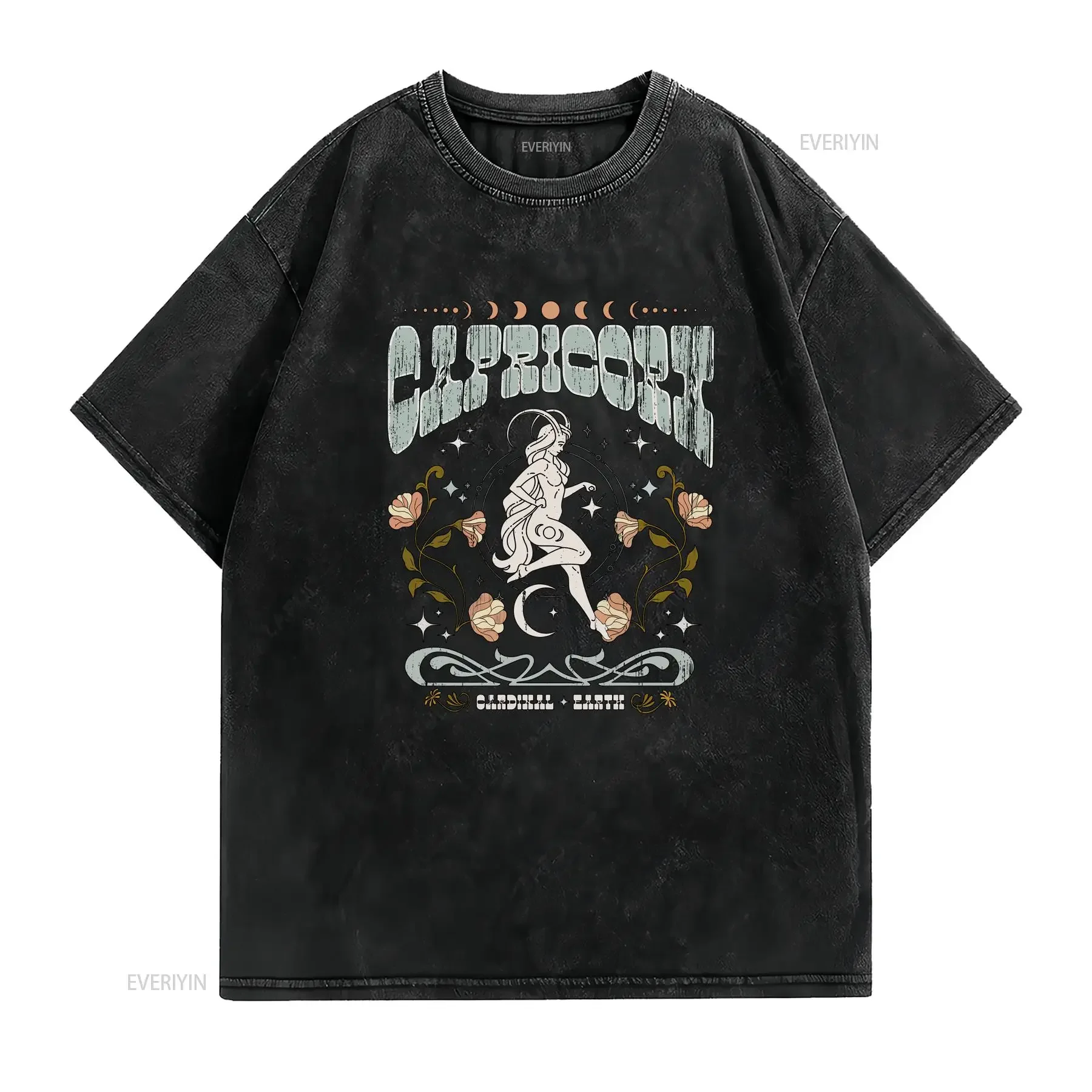 Capricorn Zodiac Vintage T Shirt Retro 70s Astrology Oversize Birthday Washed Casual Stylish streetwear Breathable vintage