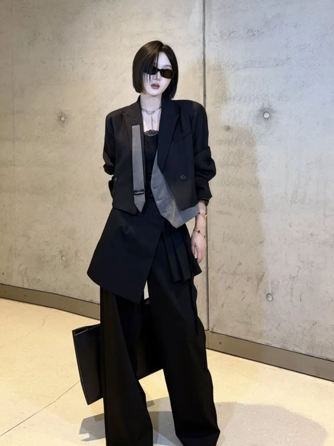 plus Size Women's Suit Jacket Autumn Trendy Loose Fit Slimming Outerwear French Style Asymmetrical Tie Splicing Design