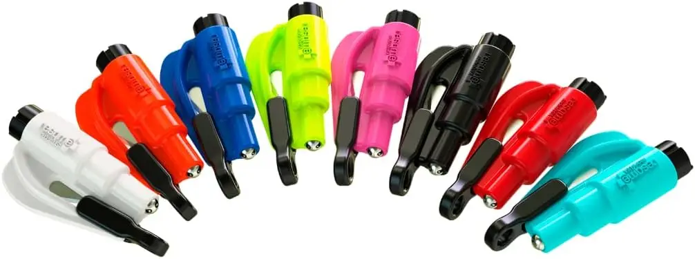 

Emergency Keychain Car Escape Tool, 2-in-1 Seatbelt Cutter & Window Breaker, Made in USA, Rainbow Colors - Compact Hammer