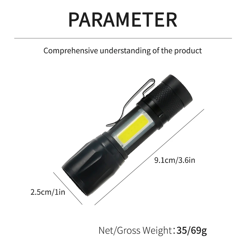 Mini Rechargeable LED Flashlight COB+XPE Portable Torch Camping Lantern Zoomable Focus Light Tactical Flashlight with Pen Clip