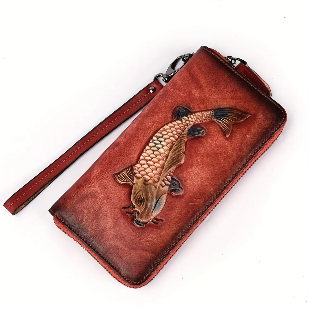 Vintage Style Fish Pattern Long Clutch Wallet, Zipper Around Coin Purse, Classic Textured Large Capacity Credit Card Holder