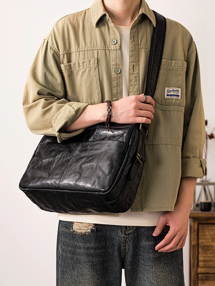 Vintage designer handmade vegetable tanned cowhide men large-capacity shoulder bag outdoor travel genuine leather crossbody bag