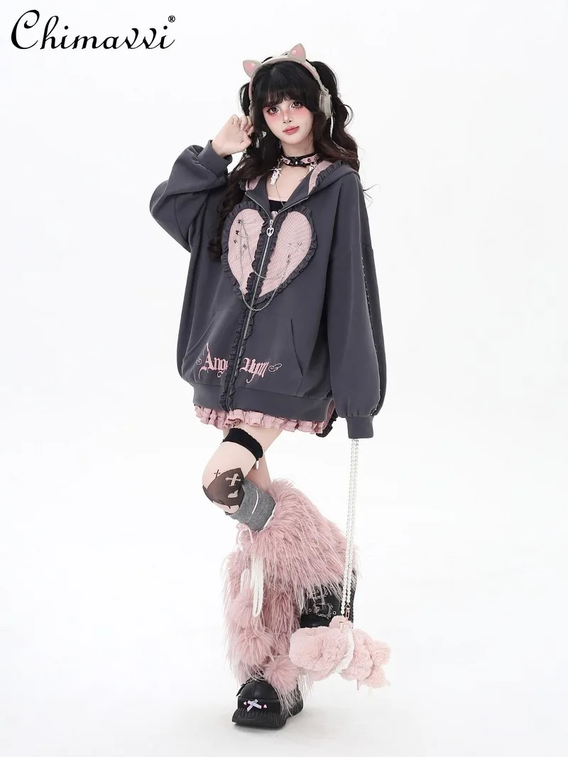 الأصلي ثقافة فرعية اليابانية الحلو كول مقنعين تصميم سترة فضفاضة الخريف جديد القوطية الظلام فتاة فضفاضة طويلة الأكمام البلوز