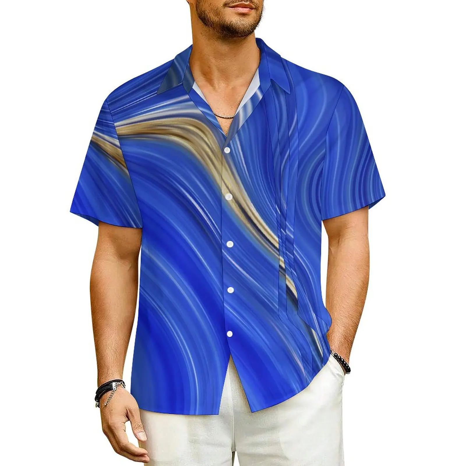 

Blue Marble Beach Shirt Abstract Liquid Hawaiian Casual Shirts Man Trendy Blouses Short-Sleeve Street Style Custom Clothes