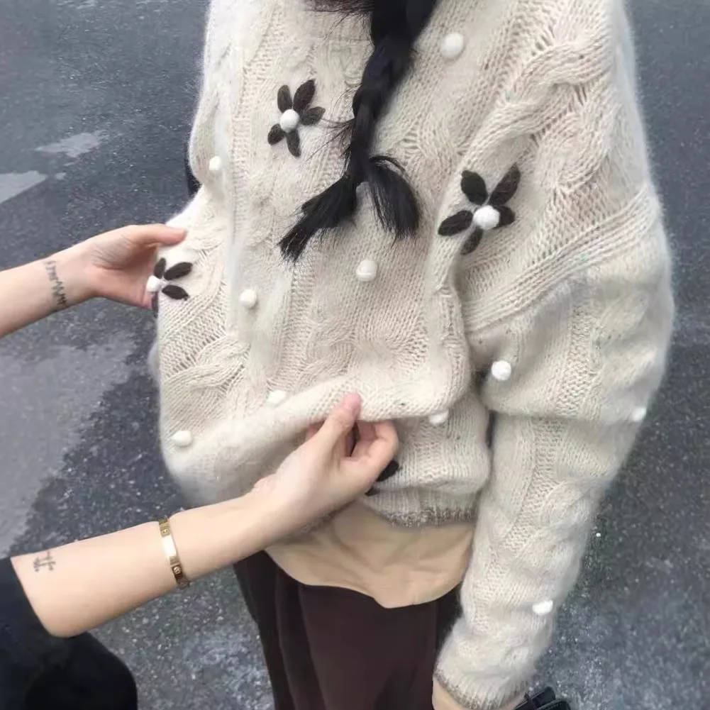 Knitted Women Pullovers Sweaters Casual Jumper 3D Floral Crochet O Neck Long Sleeves Loose Slight Strech Office Lady 2025 Autumn