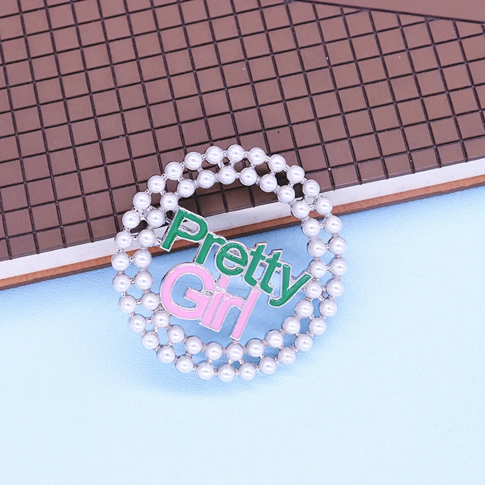 Stylish Metal Alloy Round Shape Imitation Pearl Pink Green Greek Letters Pretty Girl Pin Soror Label Brooches Jewelry