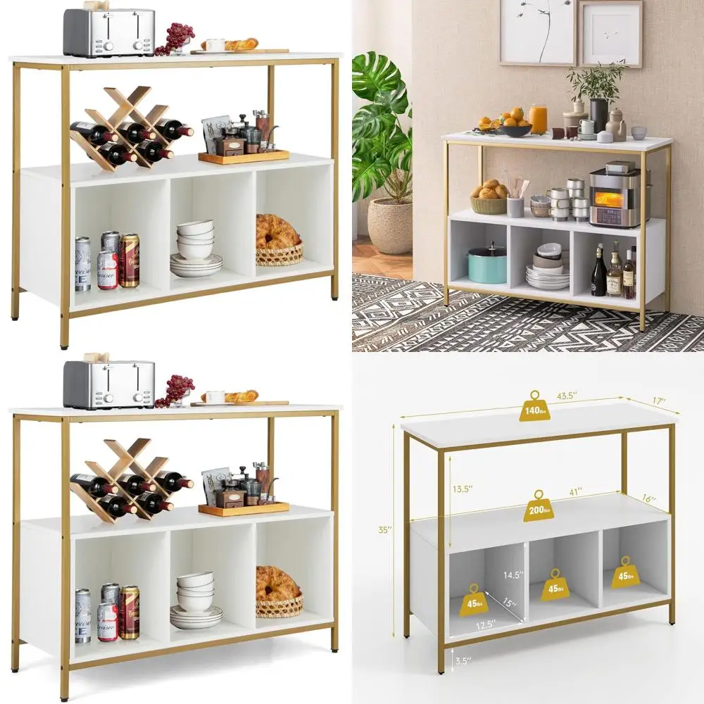 

Wooden Buffet Sideboard with Ample Counter Space, Open Shelves, and Modern Golden Steel Frame Storage