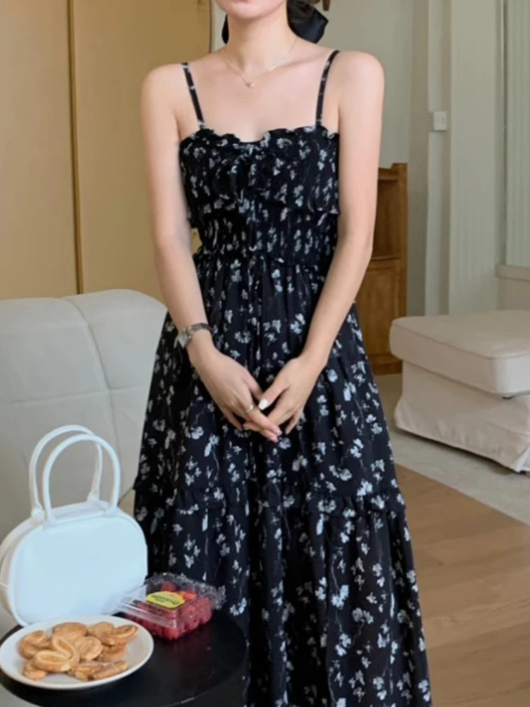 فستان صيفي أنيق عتيق ذو ياقة مربعة للتخسيس مطبوع عليه زهور فستان نسائي طويل بخصر عالٍ على الطراز الكوري