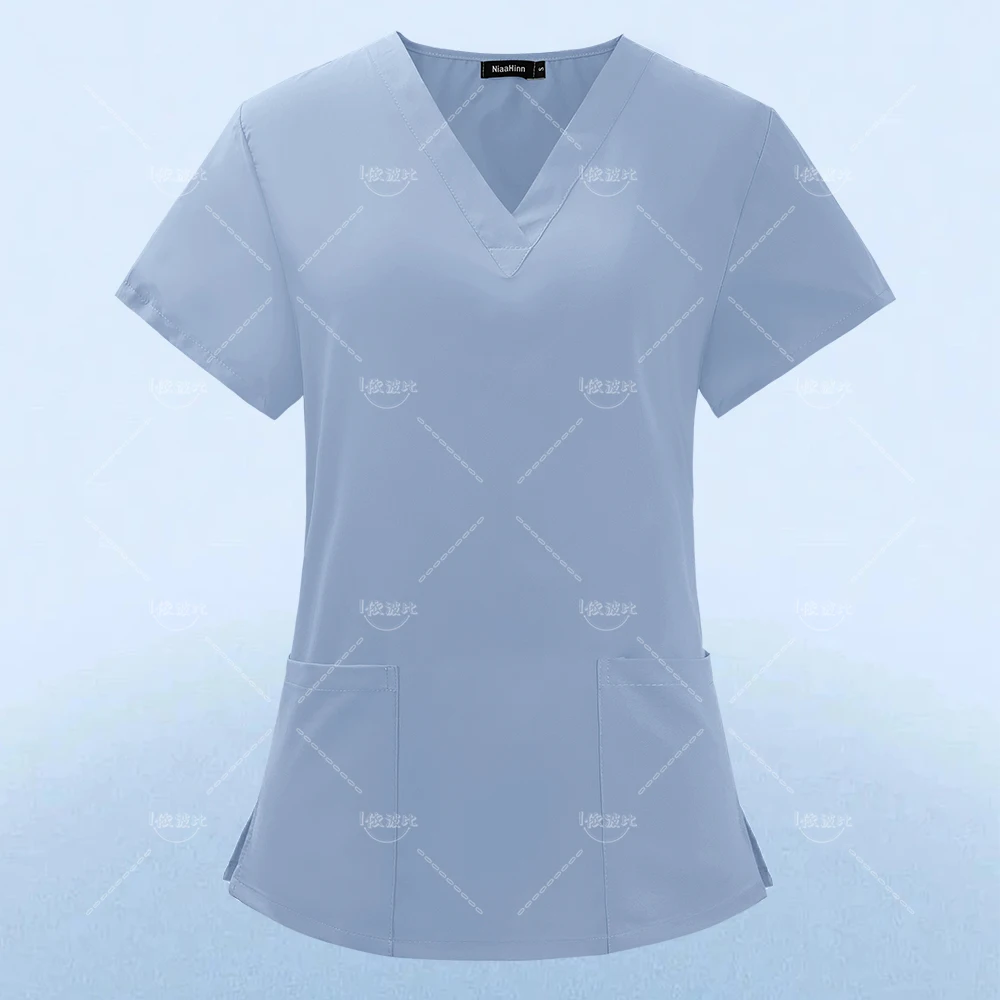 Tinta unita lavoro infermieristico Scrub donna manica corta con scollo a v uniforme clinica infermiera uniforme abbigliamento protettivo Care Worker Lab Tops