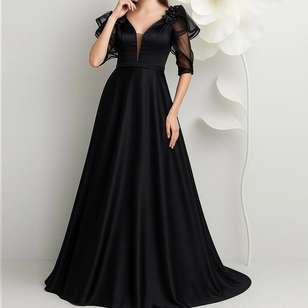 

Customized A-line Evening Dresses Floor-length V-neck Half Sleeve Prom Gown Fashion Sequined Simple Draped Backless Party Gown