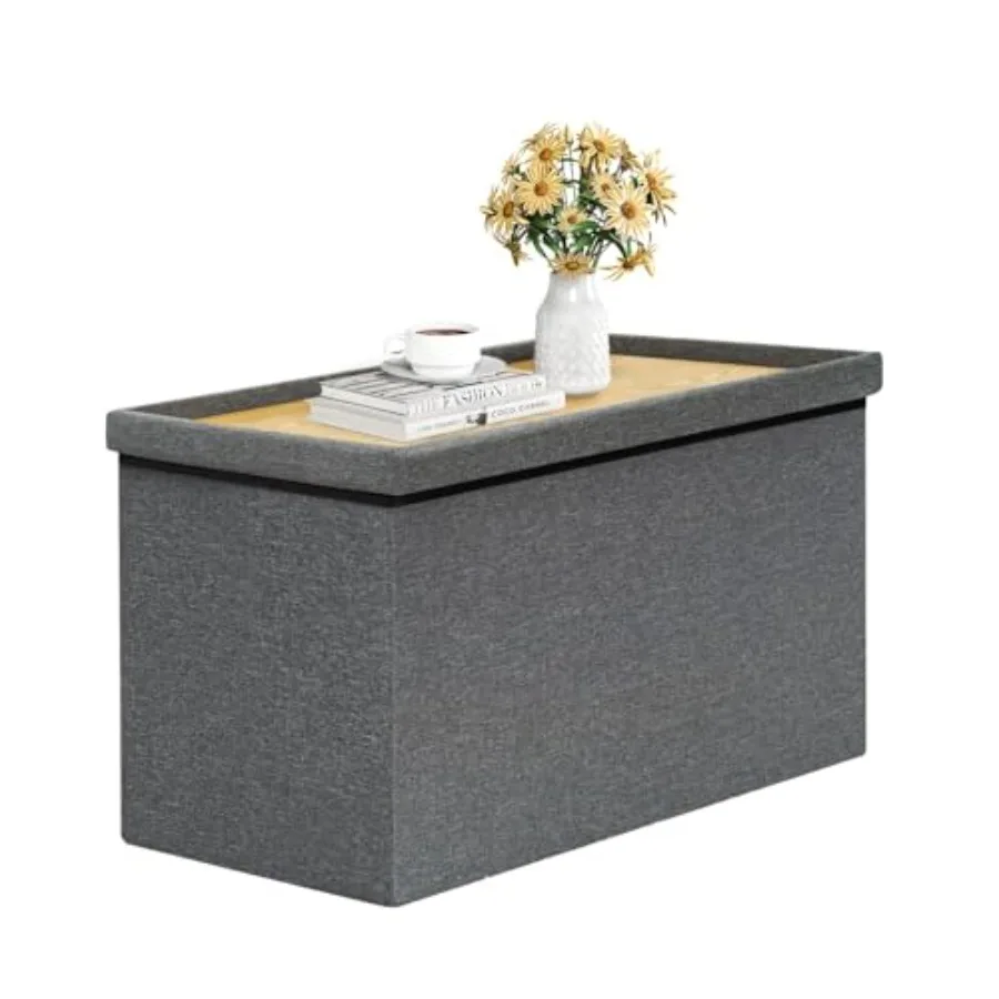 

Storage Ottoman with Tray Linen Coffee Table Folding Long Shoes Bench Footstool Dark Grey 30"x15.74"x15