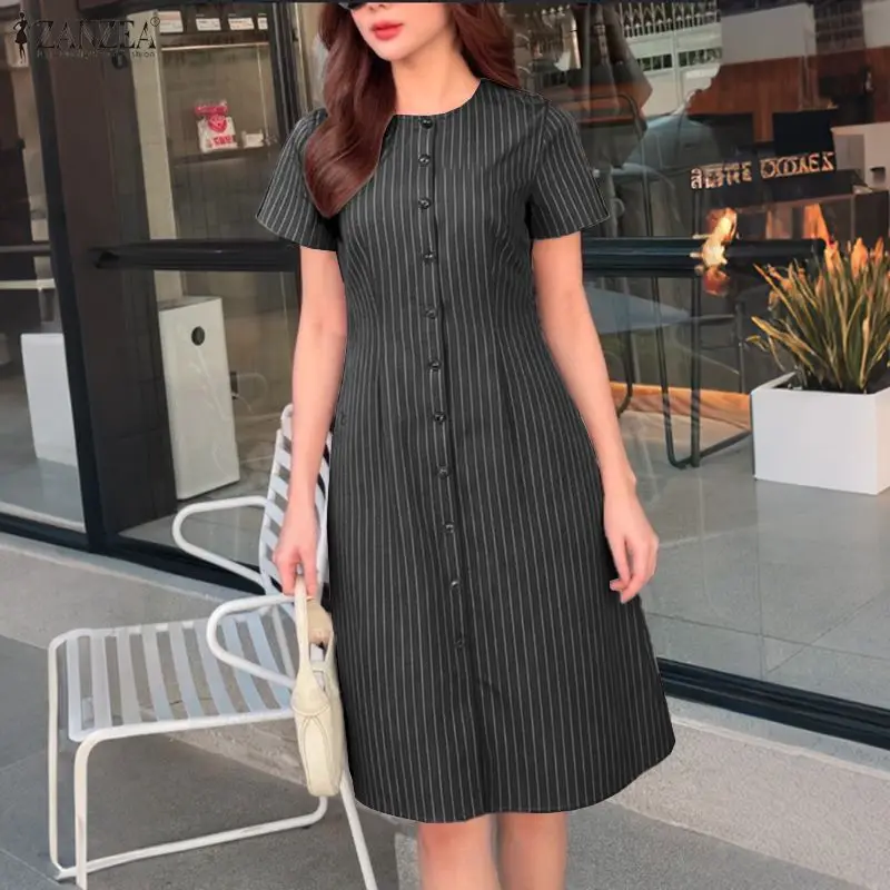 2026 Sommer Gestreiftes Kleid ZANZEA Damen O-Ausschnitt Kurzarm Sommerkleid Elegantes OL Arbeits-Midikleid mit Knöpfen Urlaubskleid