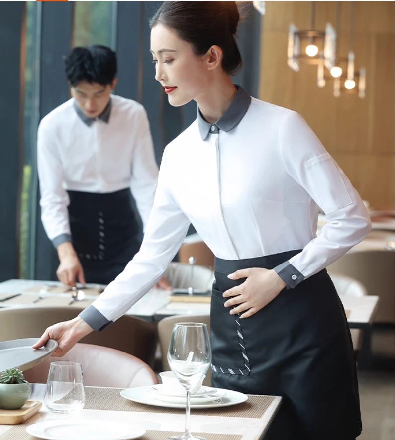 Uniforme de serveur de Restaurant à manches longues pour femmes, chemise de serveuse de café, Service alimentaire, vêtements de travail, salopette de restauration