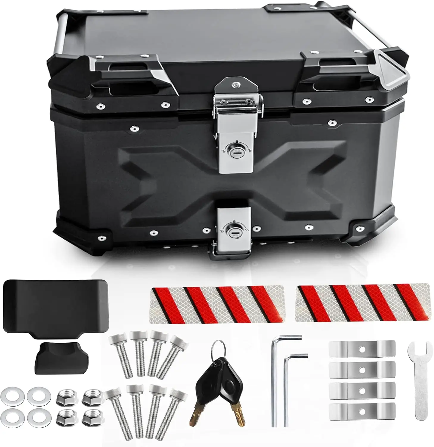 Universal Motorcycle Top Case 65L, Tail Box Trunk with Backrest, Security Lock, Black, Luggage