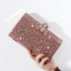 Trendy Fine Rose Gold Frosting Sequin Handbags Korean Women Ladies Wedding Party Evening Bag Clutch Dinner Banquet Shoulder Bags