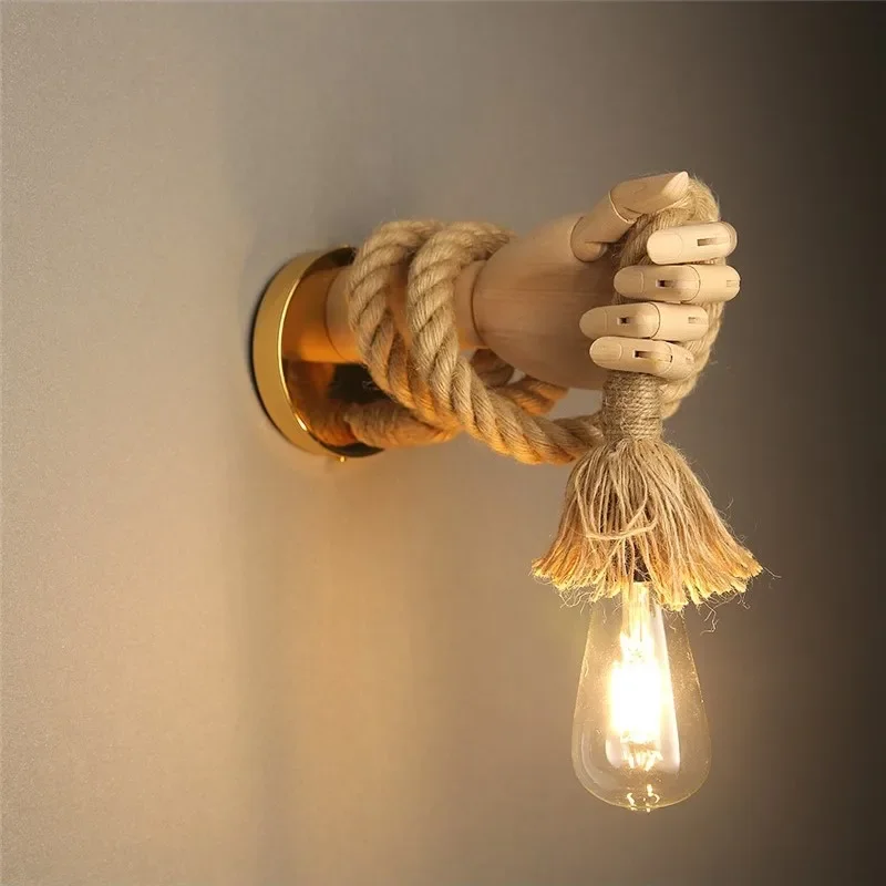 Nordic Hemp Rope Wall Lamp, luzes internas LED, estilo industrial retro, luminária sconce, corredor e corredor