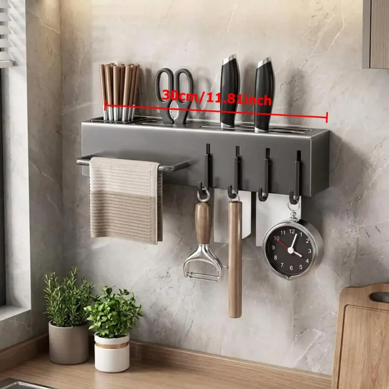 Multi-Functional Heavy-Duty Carbon Steel Knife Holder,No-Drill Wall-Mounted Organizer Rack for Knives, Utensils & Cutting Boards view 3