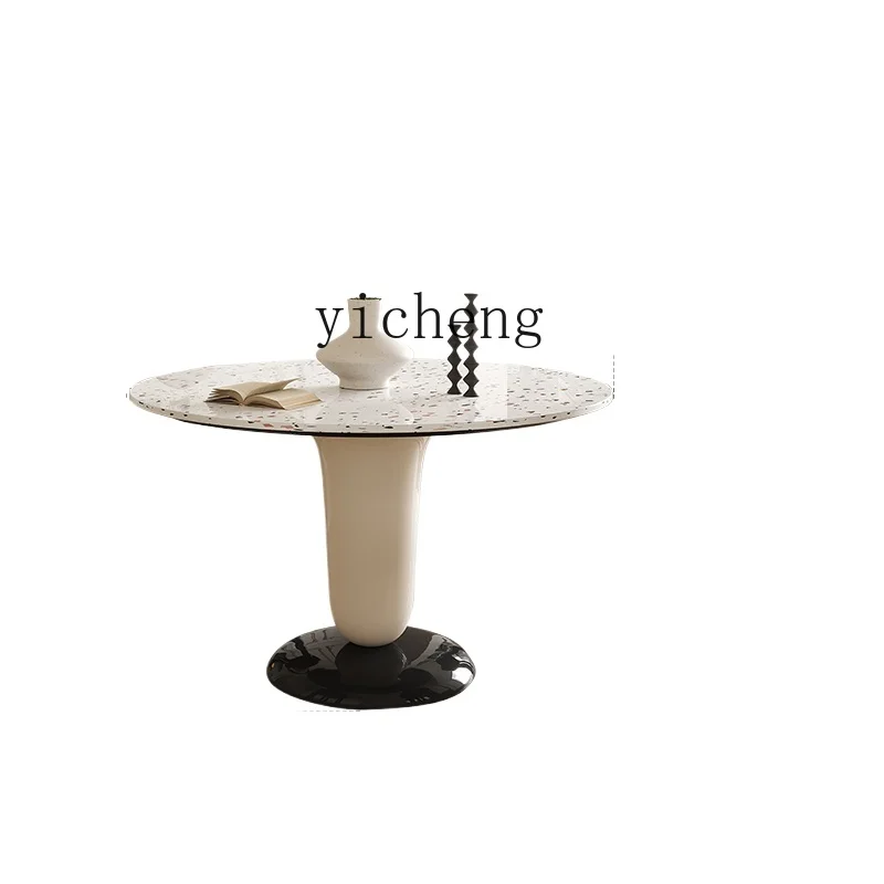 

TQH French cream style dining table retro style terrazzo round table small apartment dining table and chair combination