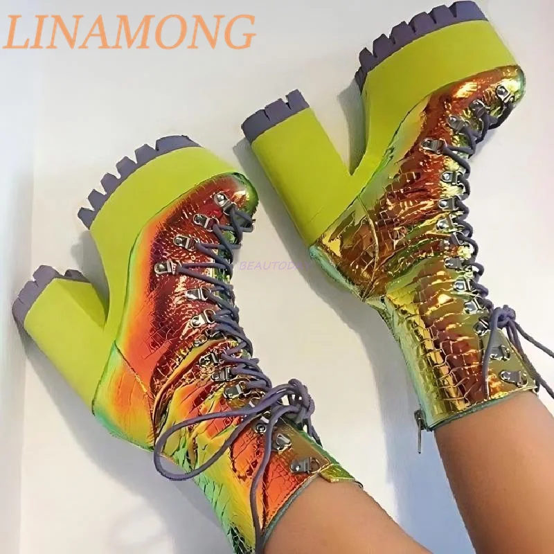 Color Blocked Thick Soled Sponge Cake Shoes Side Zipper Straps Colorful Shiny Leather Platform Thick Heels ShortBoots