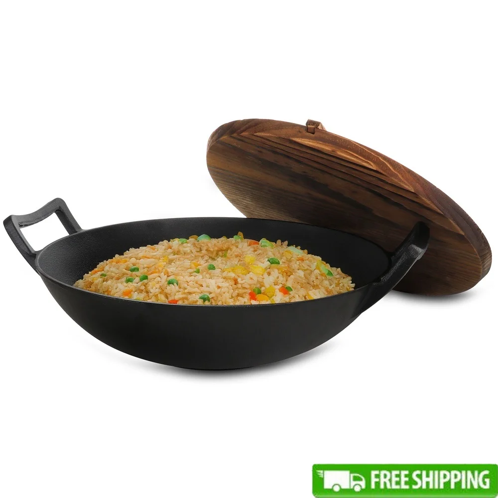 

14 Inch Heavy Duty Cast Iron Wok Set with Wood Lid Pre-Seasoned Induction Safe Ideal Large Family Cooking Hand Wash