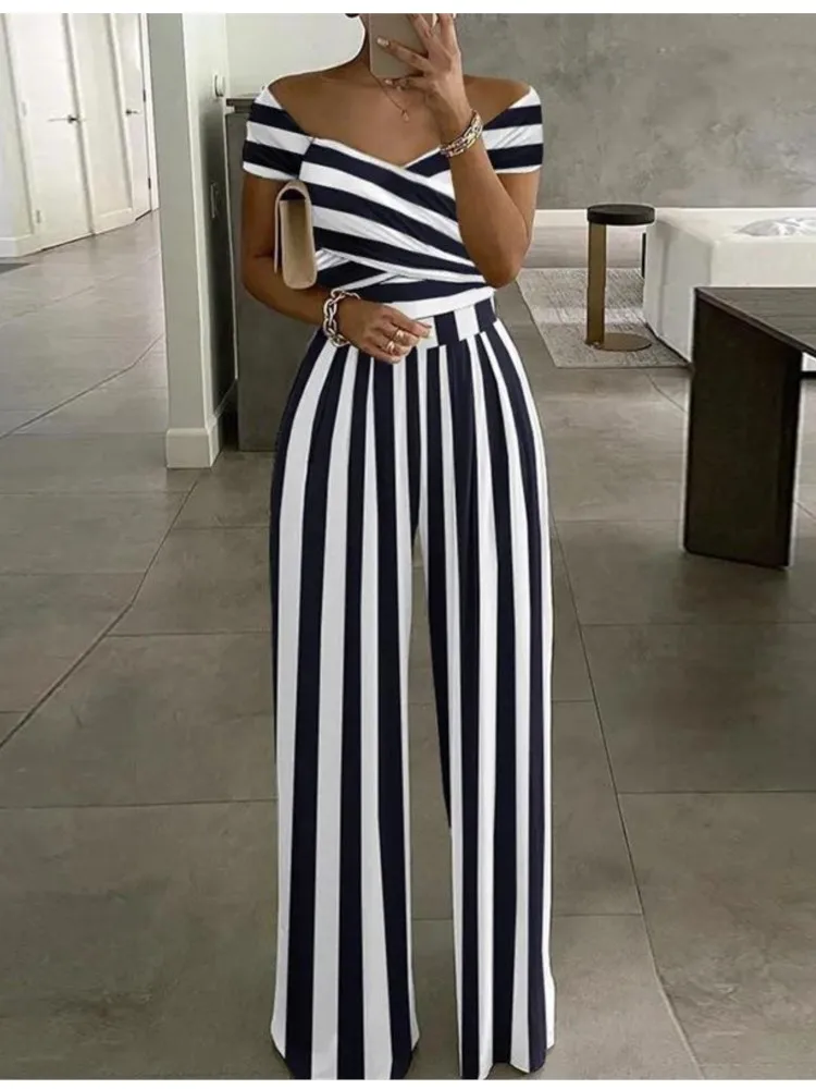 Damskie seksowne kombinezony z odkrytymi ramionami, nowa letnia moda, kwiatowy nadruk, krótki rękaw, dekolt w serek, wysoki stan, długi damski kombinezon.