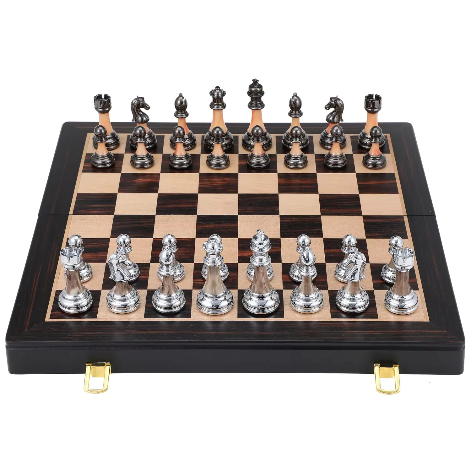 

King Tall 3.5 Inch Staunton Silver & Black Anodized Metal Finish Chess Triple Weighted Chess Set in Wooden Chess Board Box
