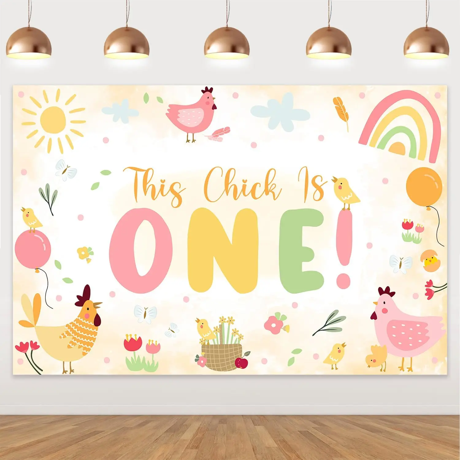 

Joymemo 3 * 5ft Chicken Themed 1st Birthday Decoration Yellow Pink Farm Animal Themed Background Cloth for Baby Party Supplies