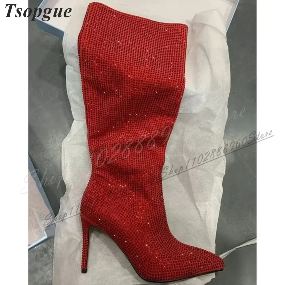 

Knee High Red Sparkling Crystal Decor Boots Thin High Heel Women Shoes Slip On Pointed Toe 2024 Fashionable Zapatos Para Mujere