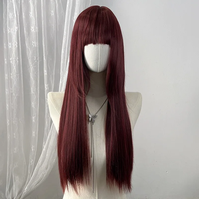 Colored Flat Bangs Long Straight Synthetic Wig for Women