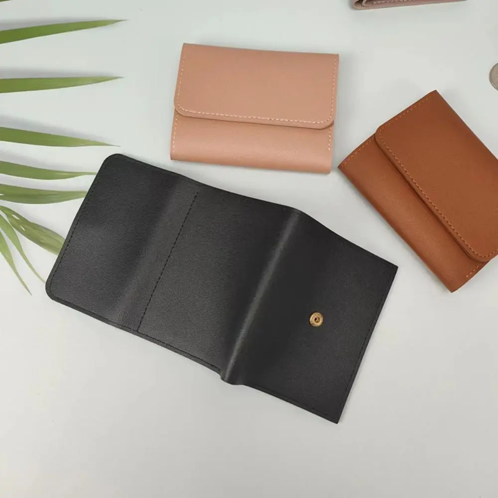 Simple PU Leather Girl Credit Card Holder Ultra-thin Triple Fold Small Coin Purse Solid Color Short Purses