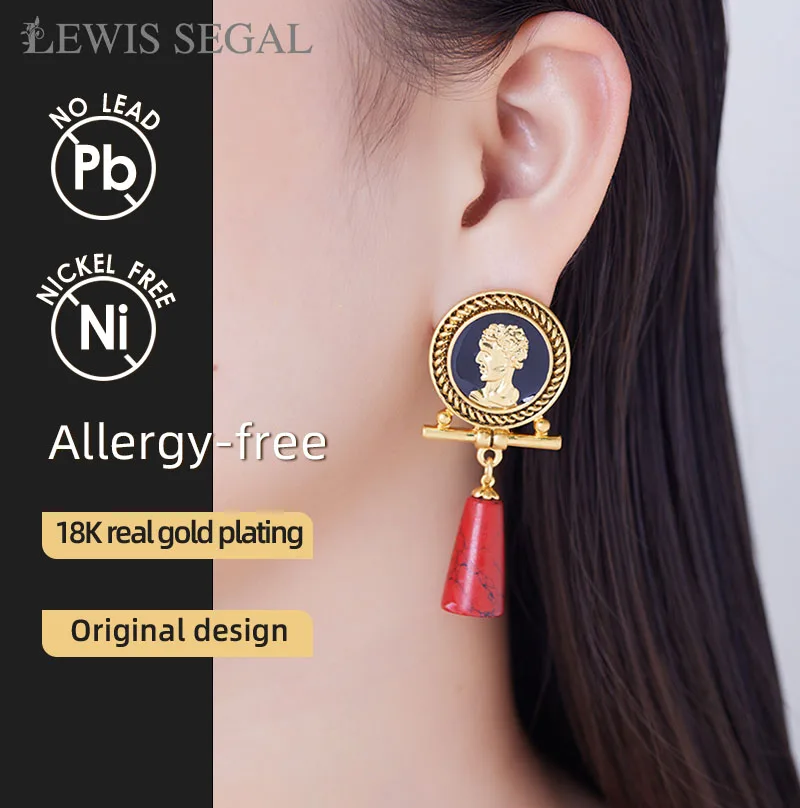 LEWIS SEGAL-pendientes de gota de oro de 18K para mujer y niña, aretes medievales, retrato Vintage, turquesa roja, joyería fina, regalo de boda