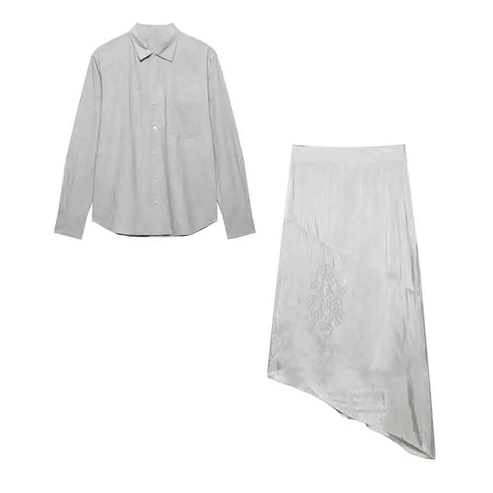 

Women's new fashion pocket decoration loose single breasted casual lapel shirt long sleeved women's shirt chic top+Skirts suit