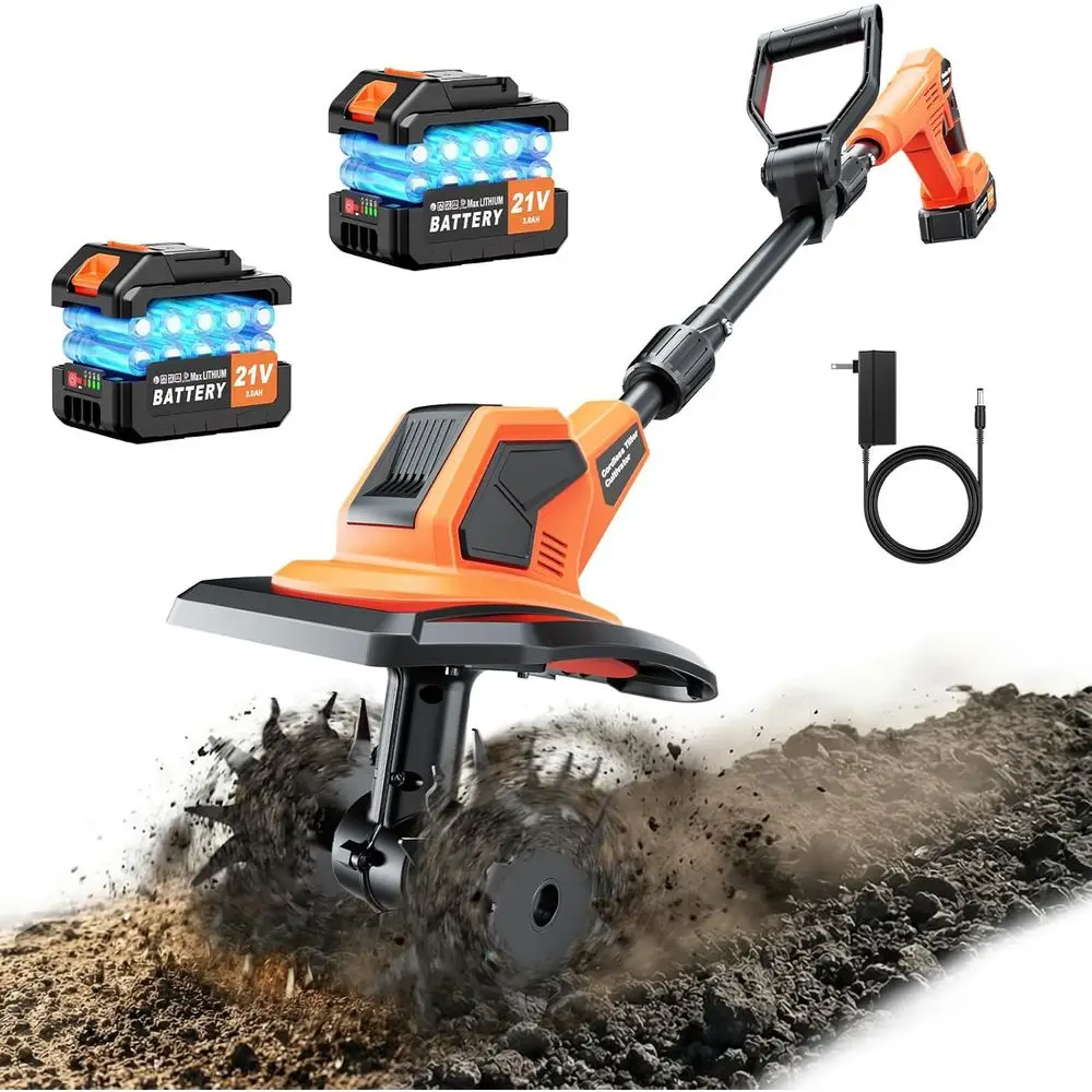 

CordlElectric Garden Tiller Cultivator, 6000mAh Battery Powered Tiller, Lightweight Rototiller or Gardening, 9.5In Tilling Width