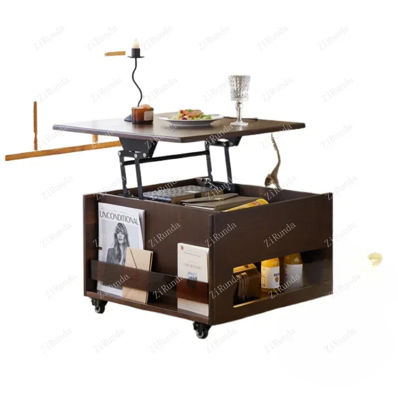 

~small apartment movable lifting multi-functional storage square table living room simple tea table retro tea side table
