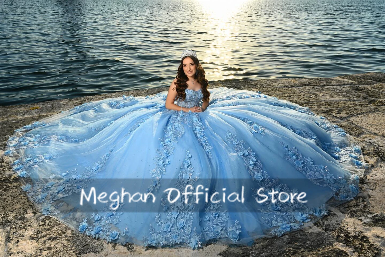 Mexico Blue Strapless 3D Flowers Quinceanera Dress Ball Gown Bead Appliques Birthday Luxury Dress Bow Formal Gown Customized