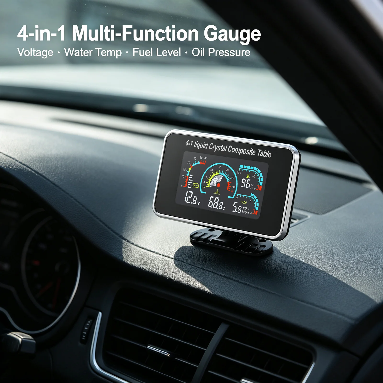 4 In 1 Oil Pressure + Voltmeter + Fuel Level + Water Temp Gauge Kit With 1/8 NPT Water Temp Joint Pipe Sensor 26/30/36/38/40Mm