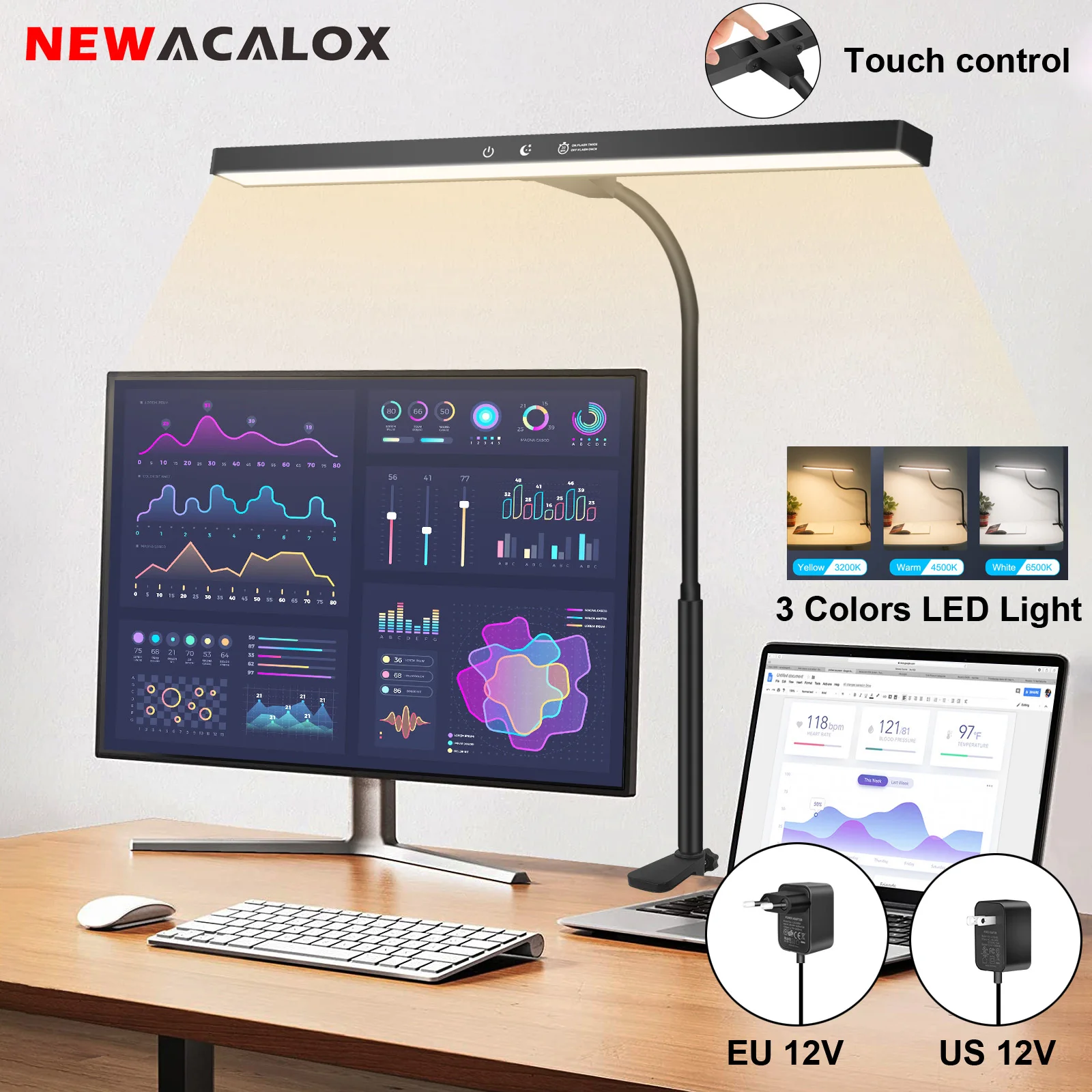 NEWACALOX EU/US 12V 24W Touch Control Desk Lamp with Clamp 360° Adjustable Gooseneck 3 Colors Table Light for Home Office Study