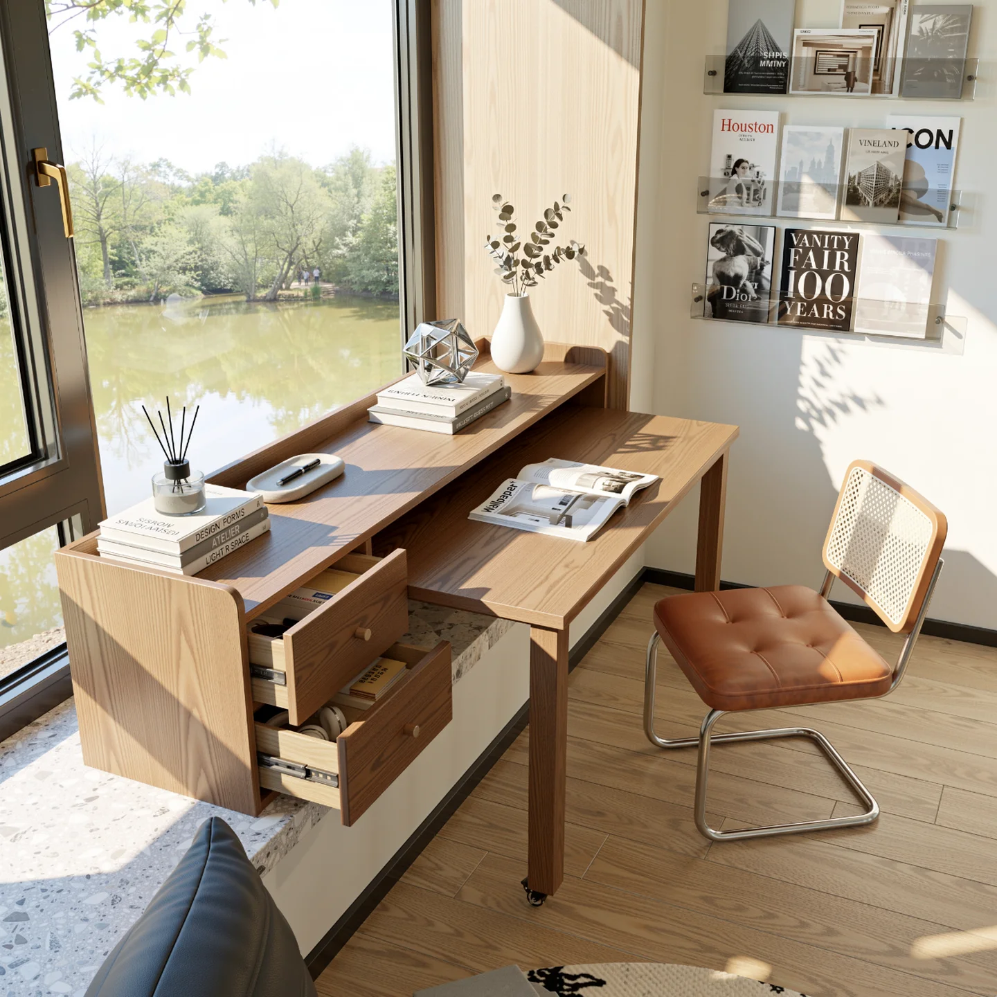 All solid wood desk, pull-out retractable desktop, bedroom window sill, computer table, balcony custom locker with drawers