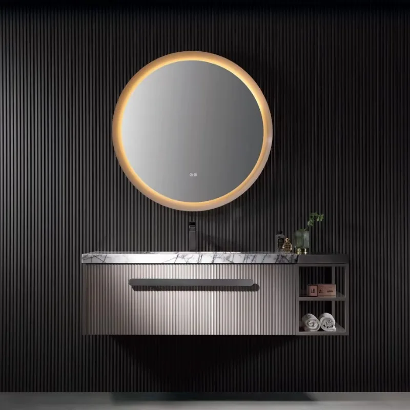 Modern Wall-Mounted Mirror Cabinet with LED Water Resistant Design Vanity Plywood Bathroom Cabinet with Slab Basin