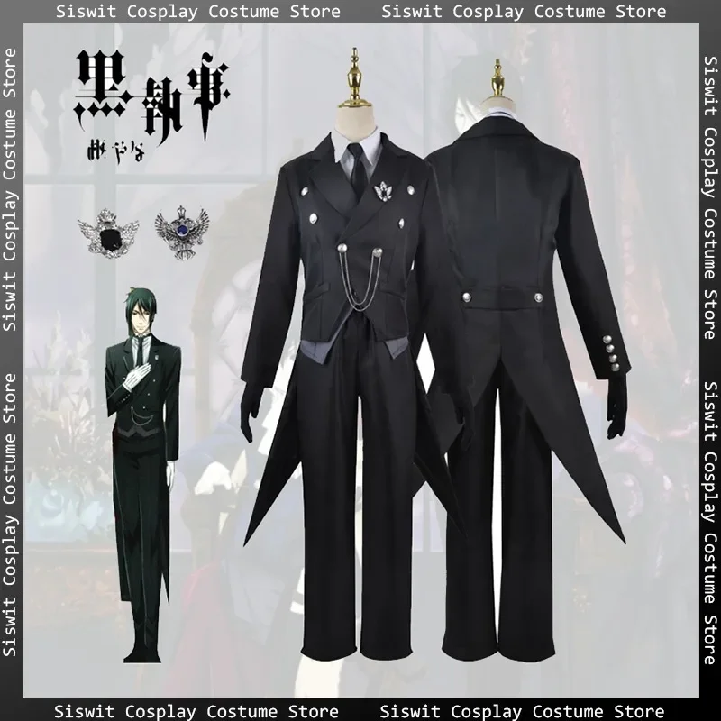 Anime Black Butler Sebastian Michaelis Cosplay Costume Black Swallowtail Uniform Gloves Props Accessories Full Set Carnival Suit