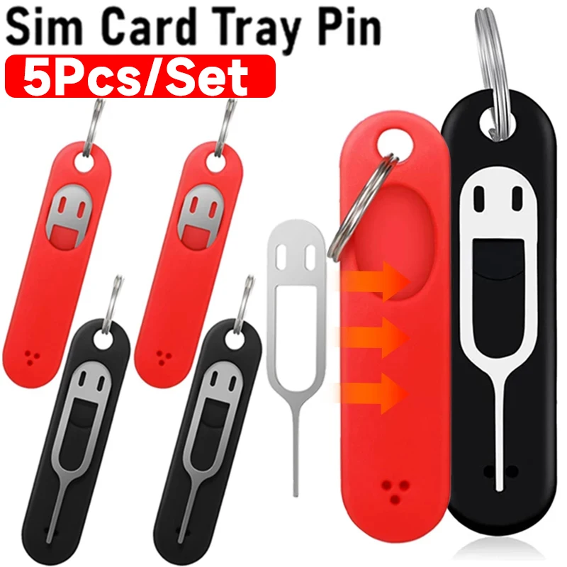 5-1Pcs Anti-Lost SIM Card Pin with Storage Case Charm Keychain Split Rings Phone SIM Card Storage Case Ejecter Tool Needles