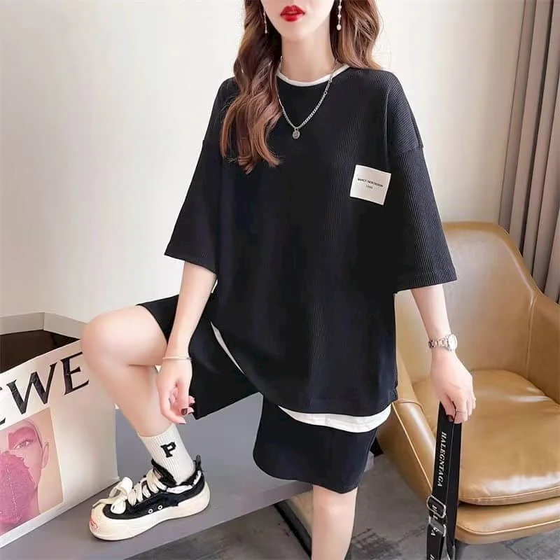 Sporty Shorts Set Half Sleeve T-shirt 2 Piece Sets Women Outfits Summer Sportswear Suits Loose Korean Style Waffle Pants Sets