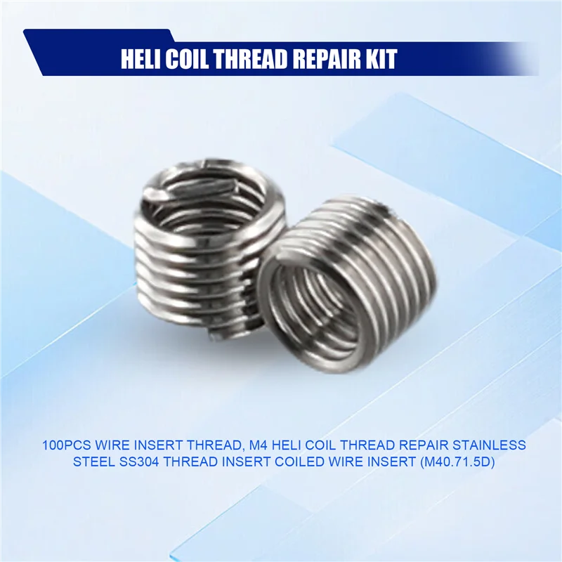

A63K-100Pcs Wire Insert Thread, M4 Heli Coil Thread Repair Stainless Steel SS304 Thread Insert Coiled Wire Insert (M40.71.5D)