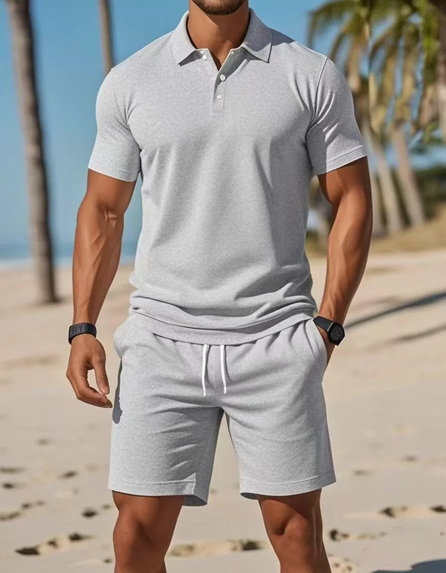 Ensemble Polo Homme Été 2026, Tenue Décontractée Sportive Polyvalente Coupe Slim Manches Courtes Mode Deux Pièces ﻿