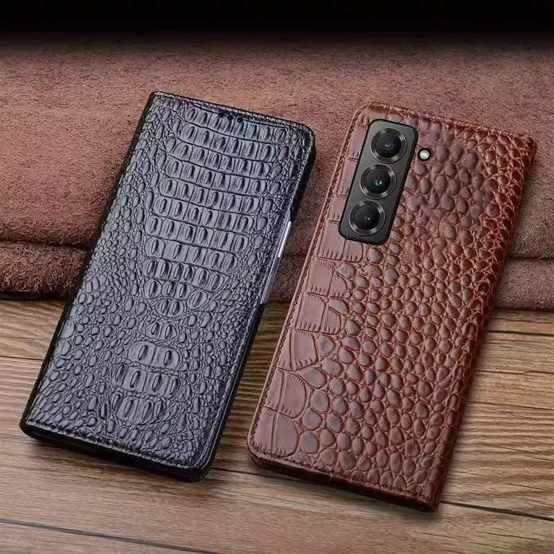 

Genuine Leather Magnetic Flip Case for Samsung Galaxy Z Fold SE 6 5 Special W25 Crocodile Alligator Grids Grain Book Cover