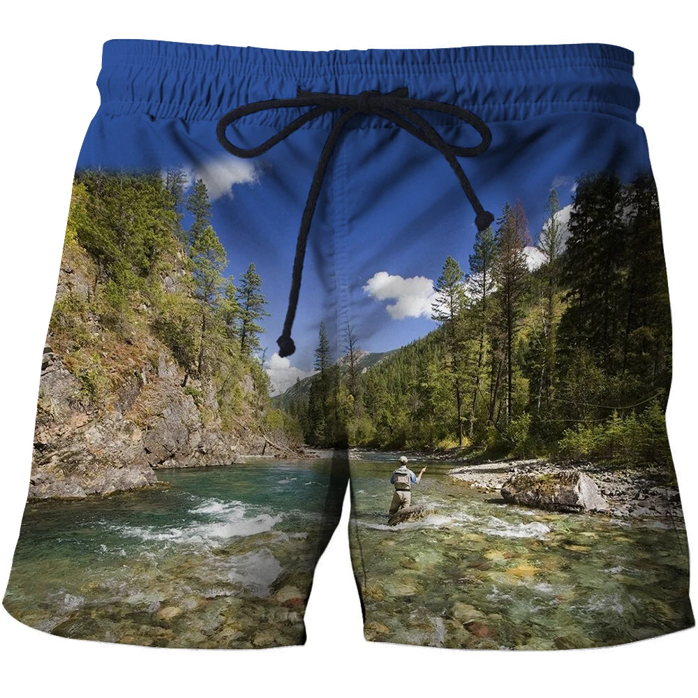 Pantalones cortos de playa 3D para hombre, bañador con gráficos de paisaje de pesca, moda de verano