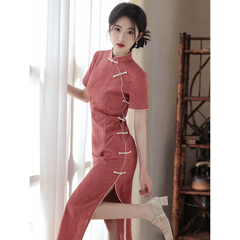 

2023 New Red Vintage Cheongsam Spring Summer Improved Women Evening Dress Short Sleeve Chinese Style Elegant Qipao