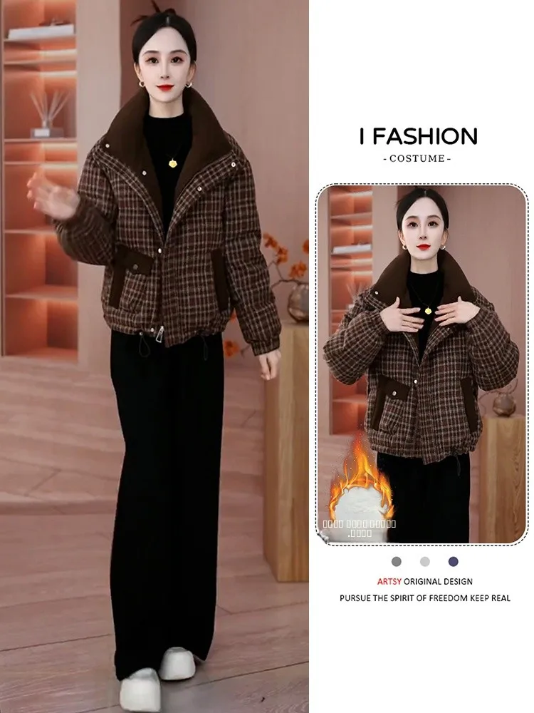 

Thiened Cotton Jaet Women's Winter New Sle Plaid down Jaet Commute Korean Version Loose Fit Zipper Splicing Decoration