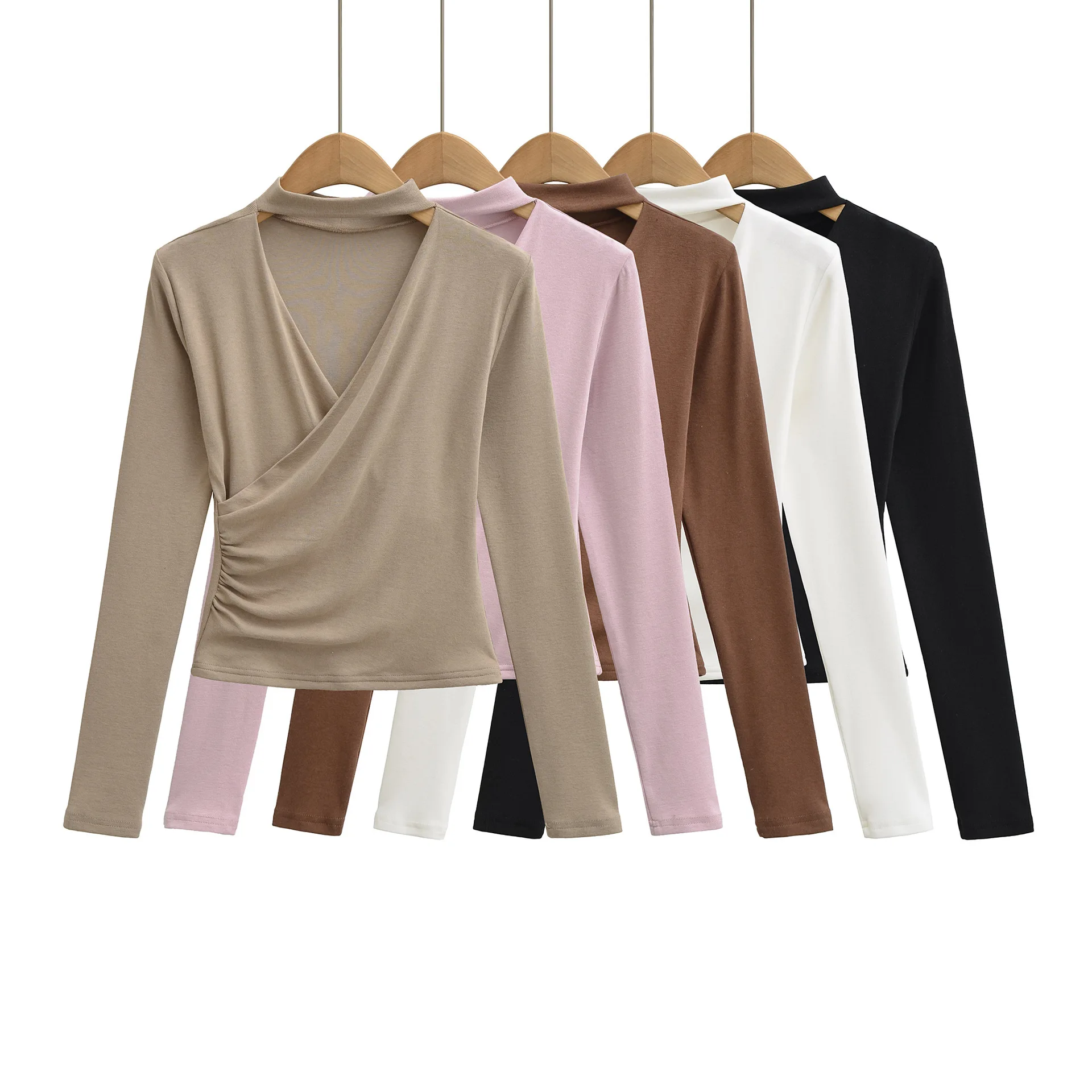 New Casual Fashion Style Long Sleeved T-shirt For Woman Hollow Out Cross V-neck Ruched Waist Solid Color T-shirt Elegant XALN